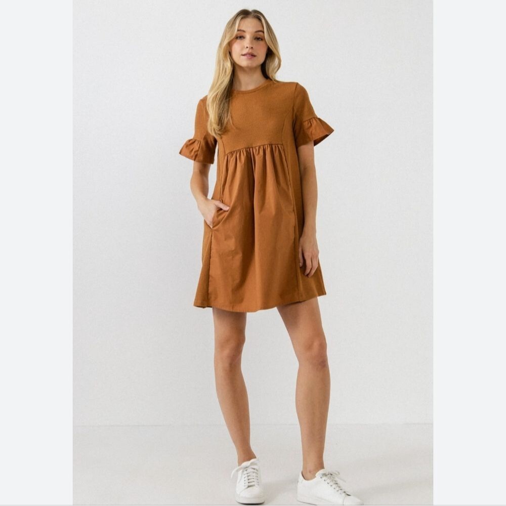 Charmed Hearts mustard brown 100% cotton T-shirt babydoll dress, XS